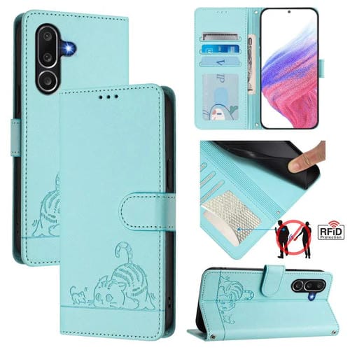 Funda de cuero RFID con relieve de gato y rata para Samsung Galaxy M56 5G con cordón (verde menta)