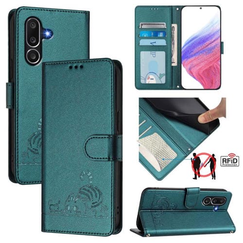 Funda de piel con grabado de gato y rata para Samsung Galaxy M56 5G, con RFID y cordón (verde pavo real)
