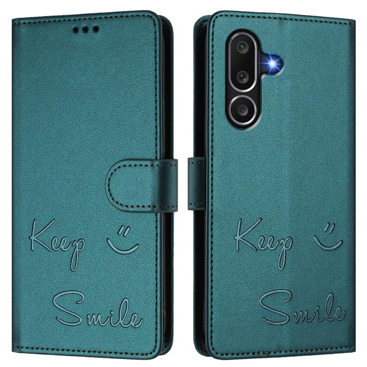 Funda de cuero RFID con relieve sonriente para Samsung Galaxy M56 5G (verde pavo real)