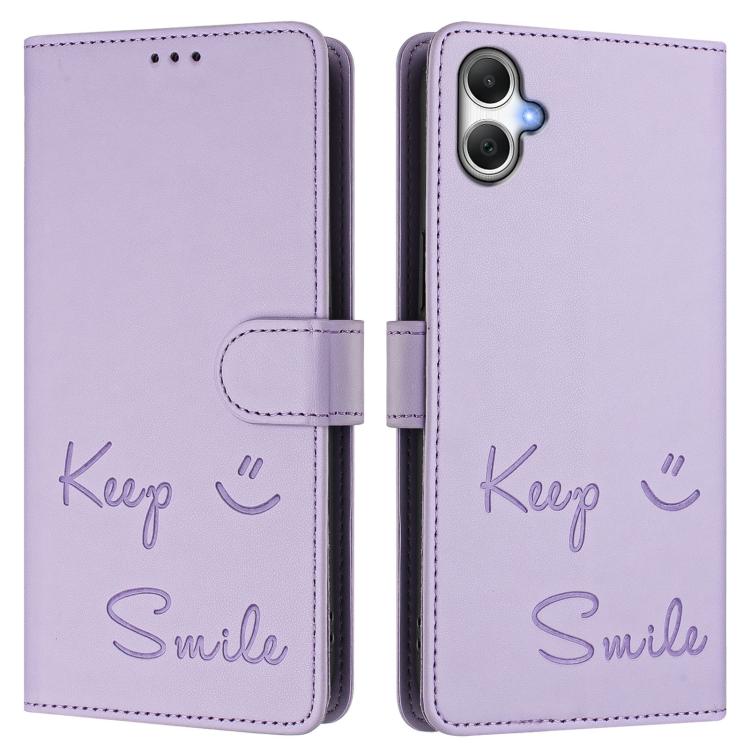Funda de cuero RFID con relieve sonriente para Samsung Galaxy A07 4G (morado claro)