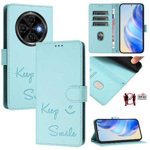 Funda Cuero Rfid con Relieve Sonriente para Tecno Spark 30C (Verde Menta)