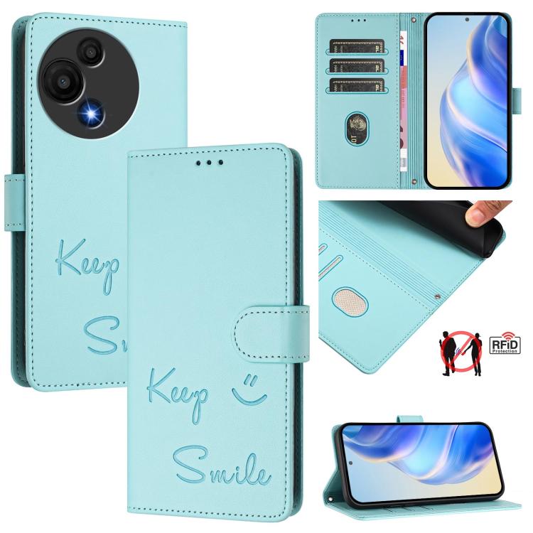 Funda de cuero RFID con relieve sonriente para TCL 605/60 SE (verde menta)