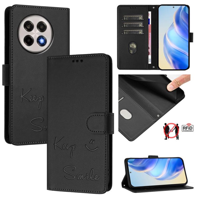 Funda de Cuero Rfid con Relieve Sonriente para OnePlus 13R Ace 5 Pro 5G (Negra)