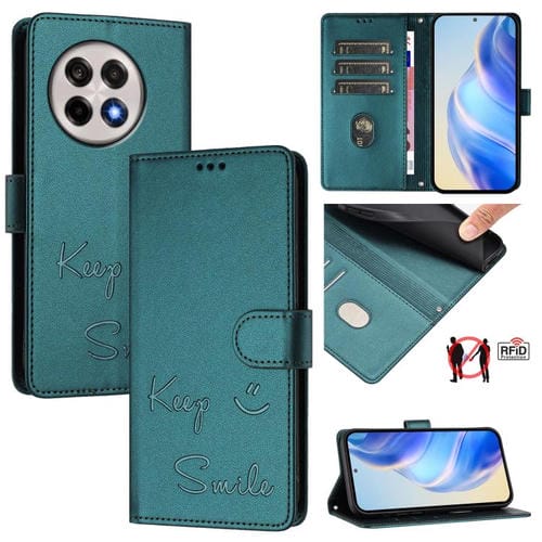 Funda de Cuero Rfid con Relieve Sonriente para OnePlus 13R Ace 5 Pro 5G (Verde Pavo Real)