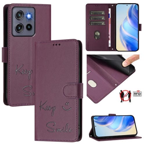 Funda de Cuero Rfid con Relieve Smile para Motorola Edge 50 Neo (Violeta)