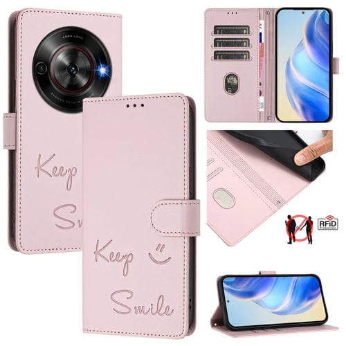 Funda de Cuero Rfid con Relieve Sonriente para ZTE Blade A75 5G (Rosa)