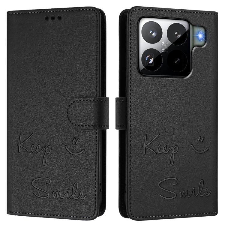 Funda de cuero RFID con relieve sonriente para Xiaomi 15S Pro 5G (negra)