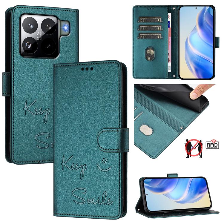 Funda de cuero RFID con relieve sonriente para Xiaomi 15S Pro 5G (verde pavo real)