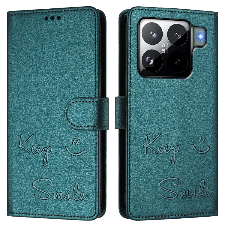 Funda de cuero RFID con relieve sonriente para Xiaomi 15S Pro 5G (verde pavo real)