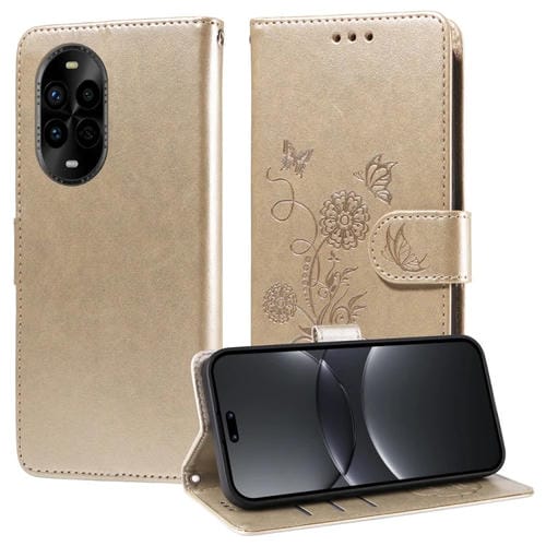 Funda de Cuero Huawei Nova 13 Pro con Diseño de Mariposas y Flores en Relieve (Dorada)