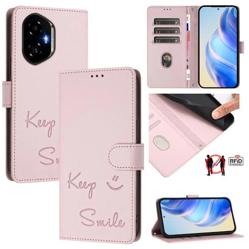 Funda de Cuero Rfid con Relieve Sonriente para Honor 300 5G (Rosa)