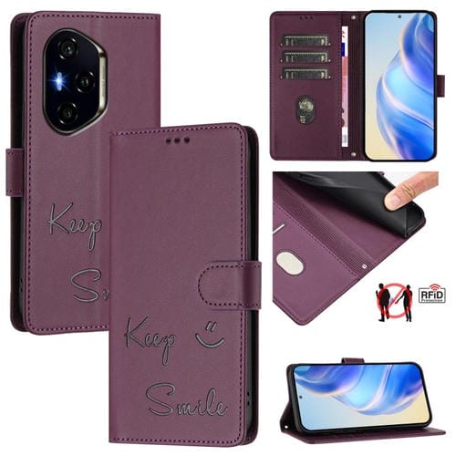 Funda de Cuero Rfid con Relieve Sonriente para Honor 300 Pro 5G/300 Ultra 5G (Violeta)