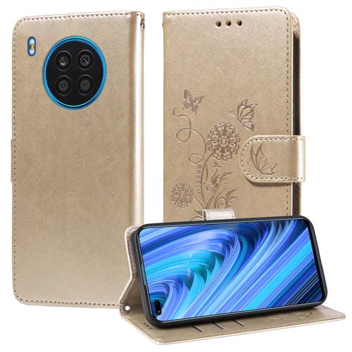 Funda de Cuero con Diseño de Mariposas y Flores en Relieve para Honor 50 Lite/X20/Huawei Nova 8I (Dorada)