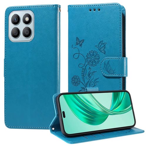 Funda de Cuero para Honor X8B con Diseño de Mariposas y Flores en Relieve (Azul)