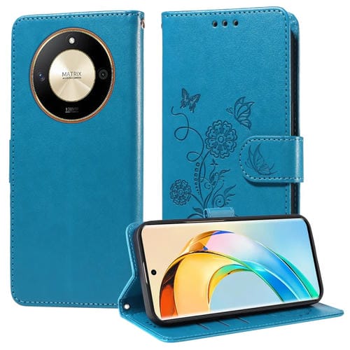 Funda de Cuero para Honor X50 Gt y X50 Pro con Diseño de Mariposas y Flores en Relieve (Azul)