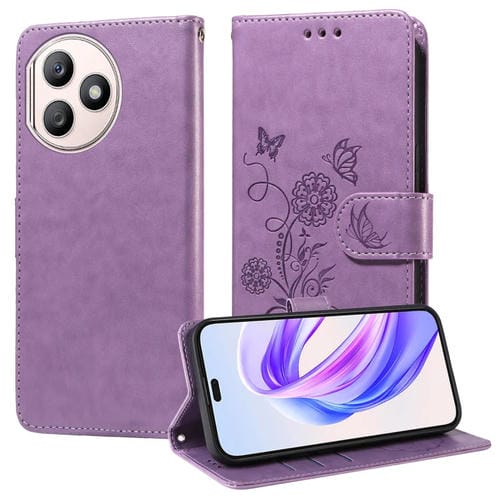 Funda de Cuero Honor X50I+ con Diseño de Mariposas y Flores en Relieve (Morado)