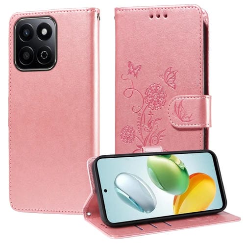 Funda de Cuero con Mariposas y Flores en Relieve para Honor Play 60 Plus (Oro Rosa)