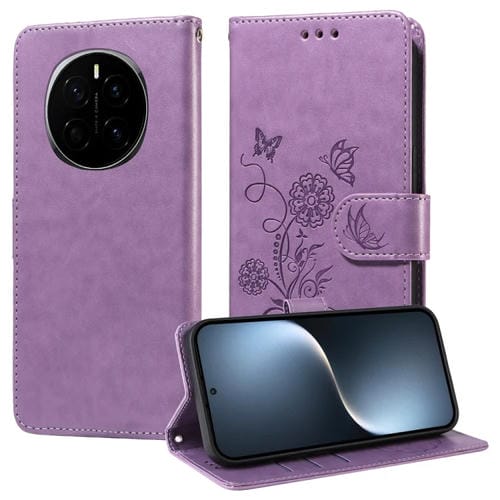 Funda de Cuero para Honor Magic7 Diseño Flores y Mariposas En Relieve (Morado)