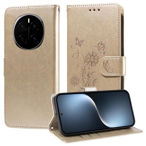 Funda de Cuero para Honor Magic7 con Diseño de Mariposas y Flores en Relieve (Dorada)