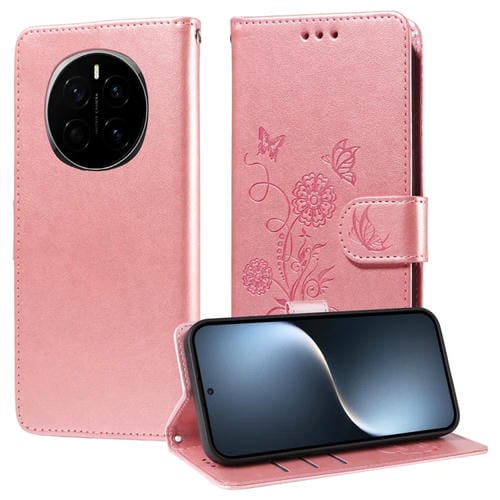 Funda de Cuero para Honor Magic7 con Diseño de Mariposas y Flores en Relieve (Oro Rosa)