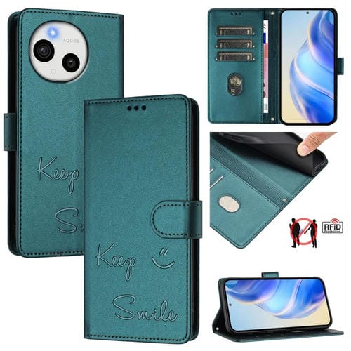 Funda de Cuero Rfid con Relieve Sonriente para Sharp Aquos Sense9 Plus (Verde Pavo Real)