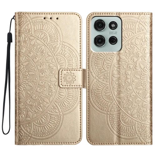 Funda de Cuero con Relieve Floral para Motorola Moto G75 5G (Dorada)