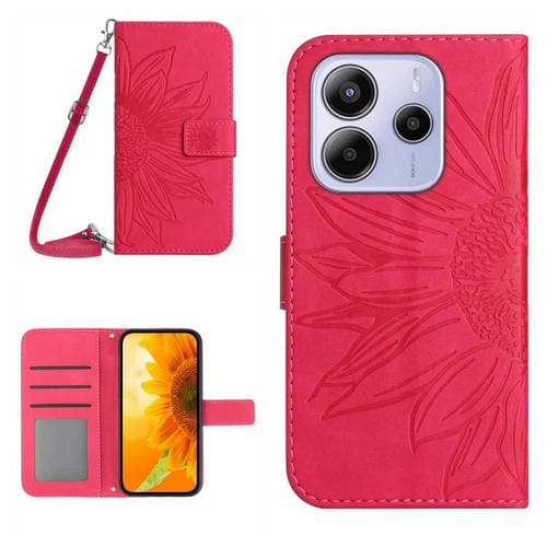 Funda de Piel con Tapa y Cordón para Redmi Note 14 4G (163,25mm), Diseño de Girasol En Relieve, Color Rosa y Rojo