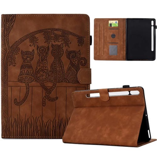 Funda para Tablet Samsung Galaxy Tab S8/S7 Cuero con Relieve de Gatos (Marrón)