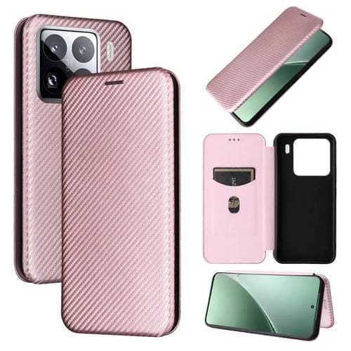 Funda De Cuero Con Tapa Y Textura De Fibra De Carbono Para Xiaomi 15 Pro (Rosa)