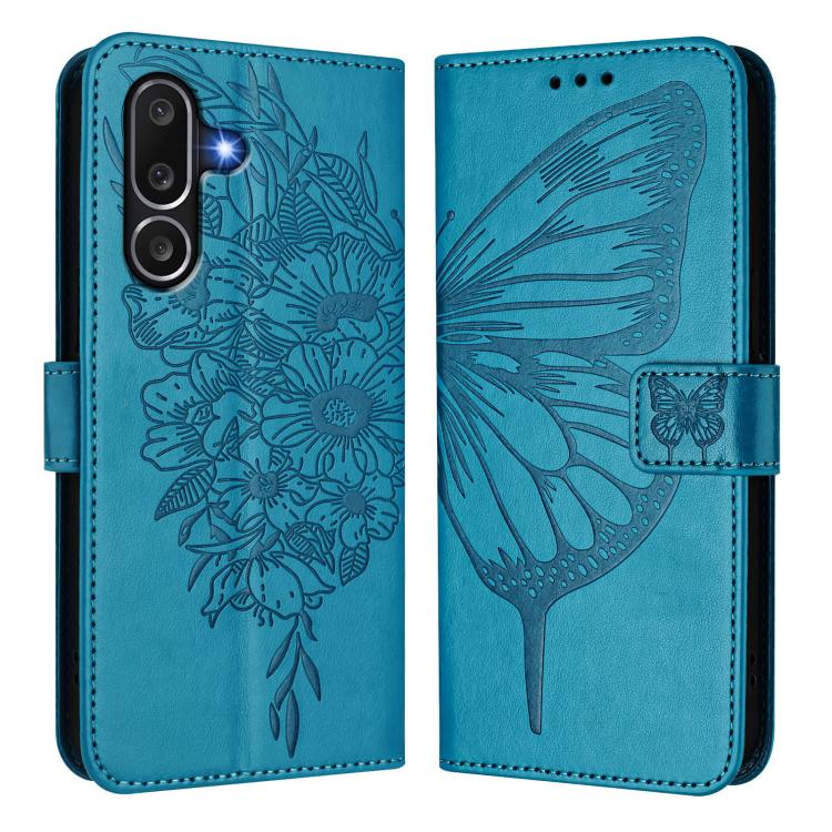 Funda de piel con diseño de mariposa en relieve para Samsung Galaxy M56 5G (azul)