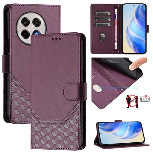 Funda de Cuero Rfid con Relieve en Panal para OnePlus 13R Ace 5 Pro 5G (Violeta)