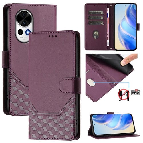 Funda de Cuero Rfid con Relieve en Panal para Huawei Nova 13/Nova 12 (Violeta)