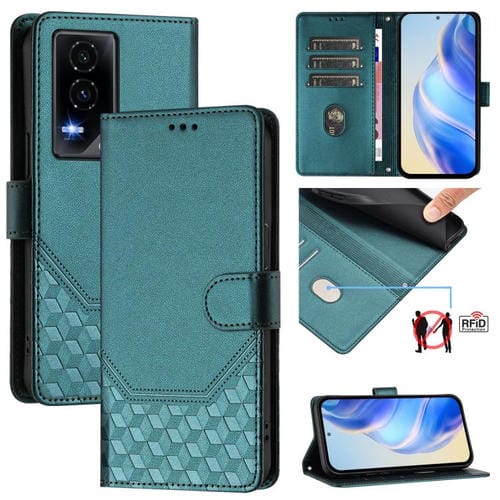 Funda de Cuero Rfid con Relieve en Panal para Teléfono Honor GT (Verde Pavo Real)