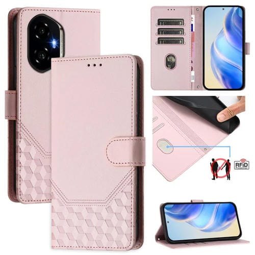 Funda de Cuero Rfid con Relieve en Panal para Honor 300 5G (Rosa)