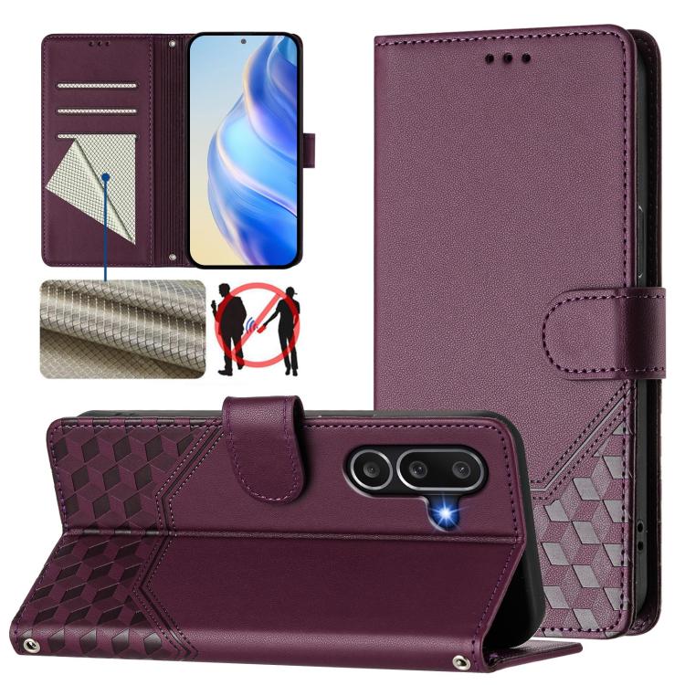 Funda de piel con relieve de panal RFID para Samsung Galaxy M56 5G (violeta)