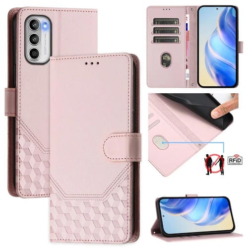 Funda de Cuero RFID con Relieve en Panal para Motorola Moto G 5G 2022 (Rosa)