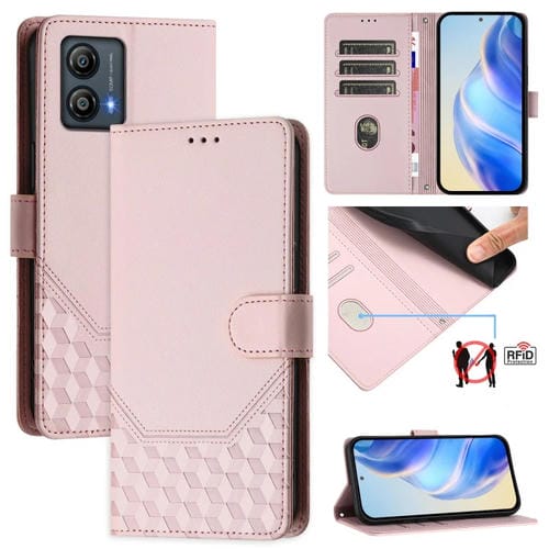 Funda de Cuero RFID con Relieve en Panal para Motorola Moto G53Y 5G/G53J 5G (Rosa)
