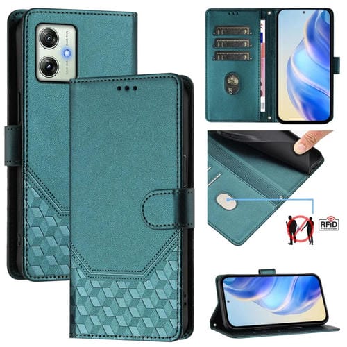 Funda de Cuero Rfid con Relieve en Panal para Motorola Moto G64 India y G54 5G India (Verde Pavo Real)