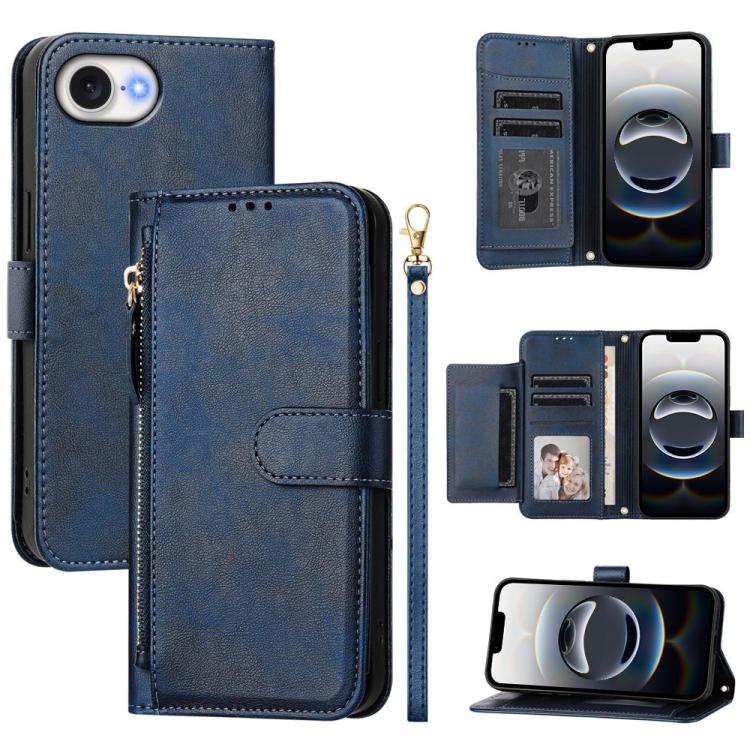 Funda Tipo Billetera Cuero iPhone 16E Cremallera Ranuras Tarjetas (Azul)