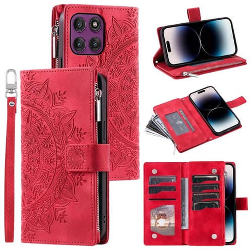Funda de cuero con cremallera y múltiples tarjetas para Motorola Edge 60 Pro (roja)