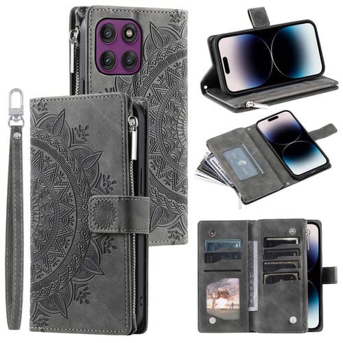 Funda de cuero con cremallera y múltiples tarjetas para Motorola Edge 60 Pro (gris)