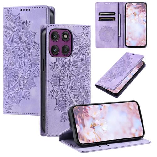 Funda de cuero magnética con relieve Totem para Motorola Edge 60 Pro (morada)