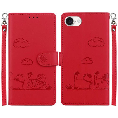 Funda de Cuero Rfid para iPhone 16E con Diseño de Gatos (Rojo)