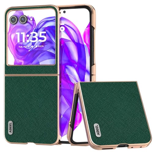 Funda Cuero Genuino Motorola Razr 50 Abeel Textura Cruzada Marco Galvanizado (Verde)