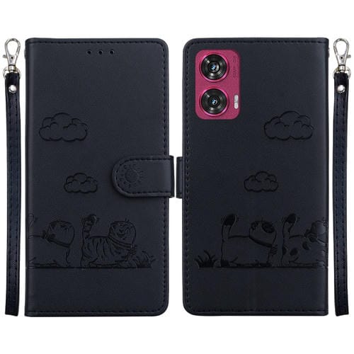 Funda de Cuero Rfid para Motorola Edge 50 Fusion con Diseño de Gatos (Negra)