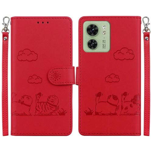Funda de Cuero Rfid para Motorola Edge 40 con Diseño de Gatos (Roja)