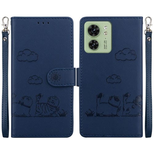 Funda de Cuero Rfid para Motorola Edge 40 con Diseño de Gatos (Azul)