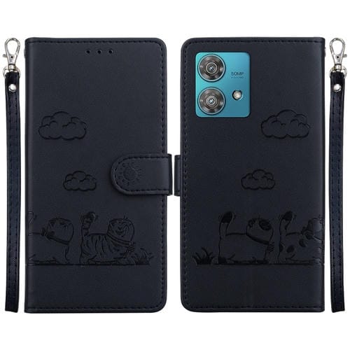 Funda de Cuero Rfid para Motorola Edge 40 Neo con Diseño de Gatos (Negra)
