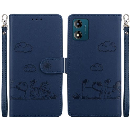 Funda de Cuero Rfid para Motorola Moto E13 con Diseño de Gatos (Azul)