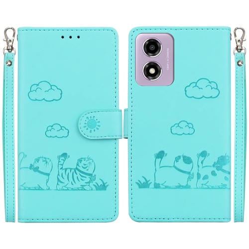 Funda de Cuero Rfid para Motorola Moto G04S/E14 con Diseño de Gatos (Verde)
